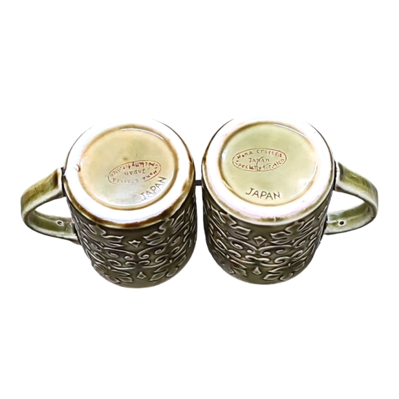 Retro 70s Olive Green Pottery Coffee Mug Raised Floral Leaves🍃 -Japan Set of 2 - Picture 6 of 7